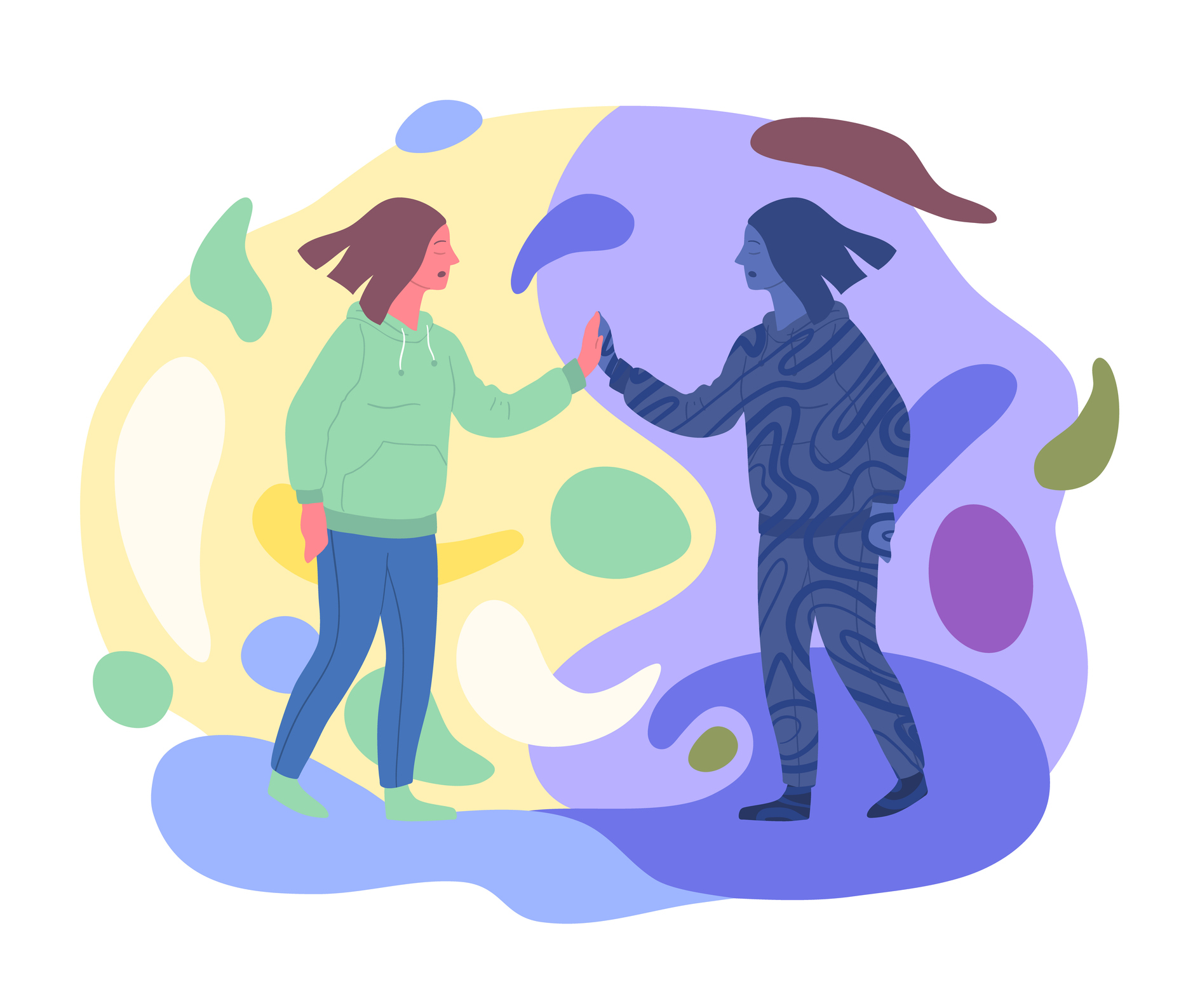 Cartoon Color Characters and Meeting Shadow Personality Concept. Vector