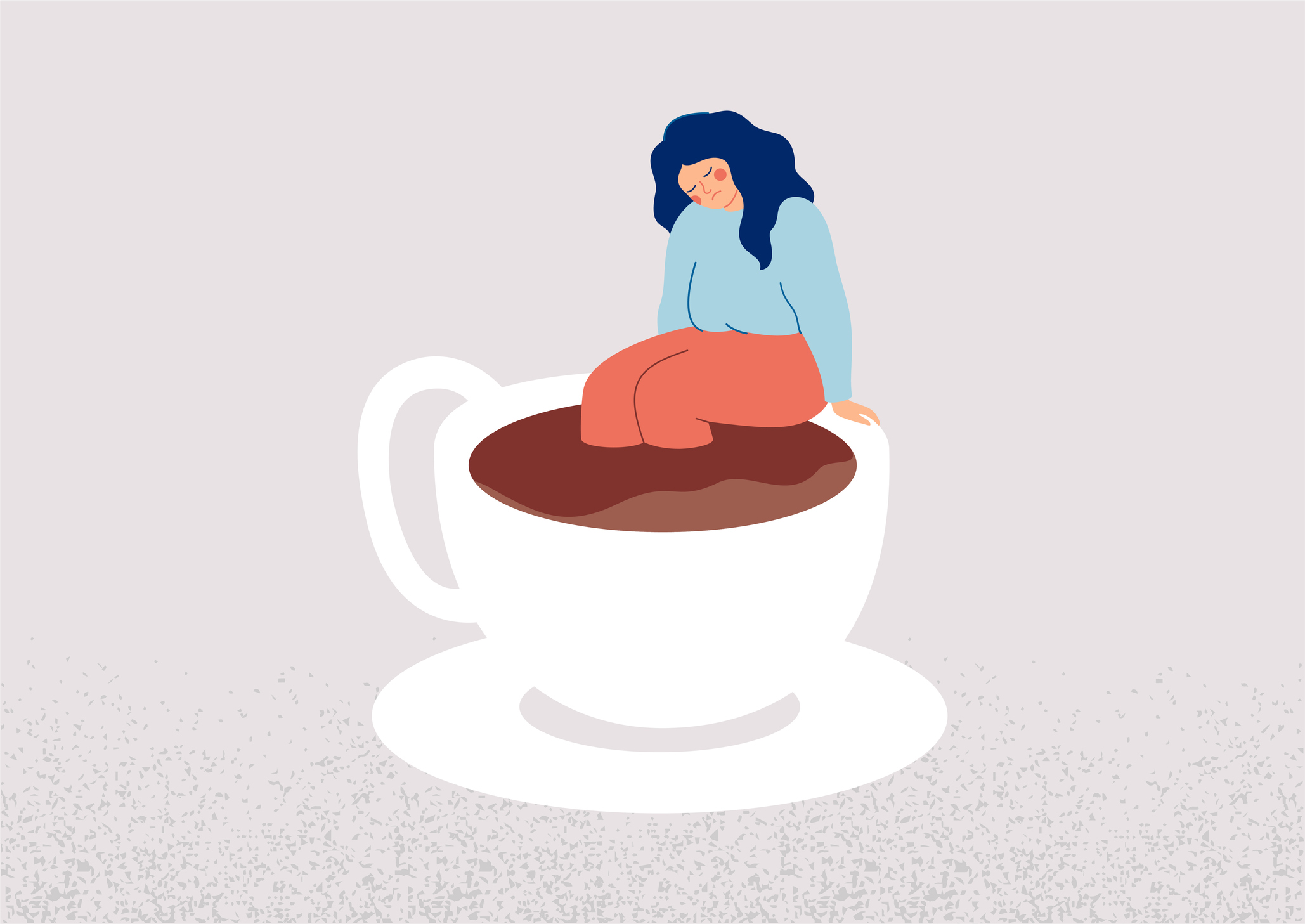 Tired woman sits on the edge of coffee cup. Sad girl is powerless and apathy suffers from caffeine addiction.